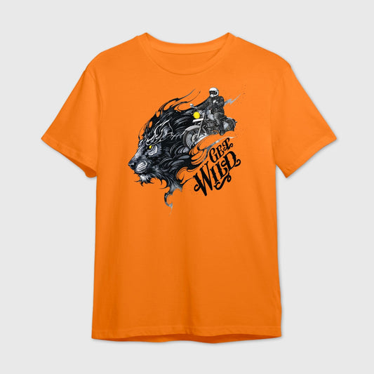 Orange t-shirt with a graphic of a lion and motorcyclist with 'Get Wild' text