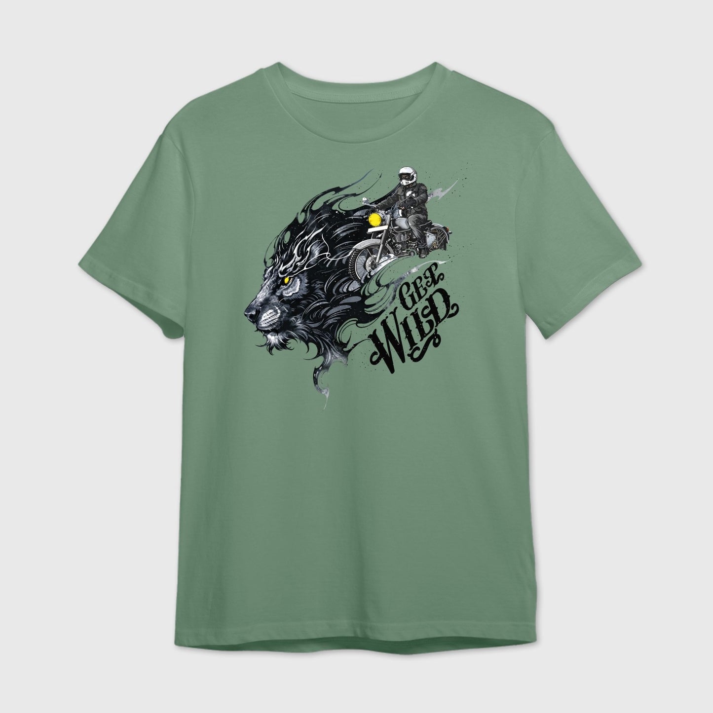 Sage Green t-shirt with a graphic of a lion and motorcyclist with 'Get Wild' text