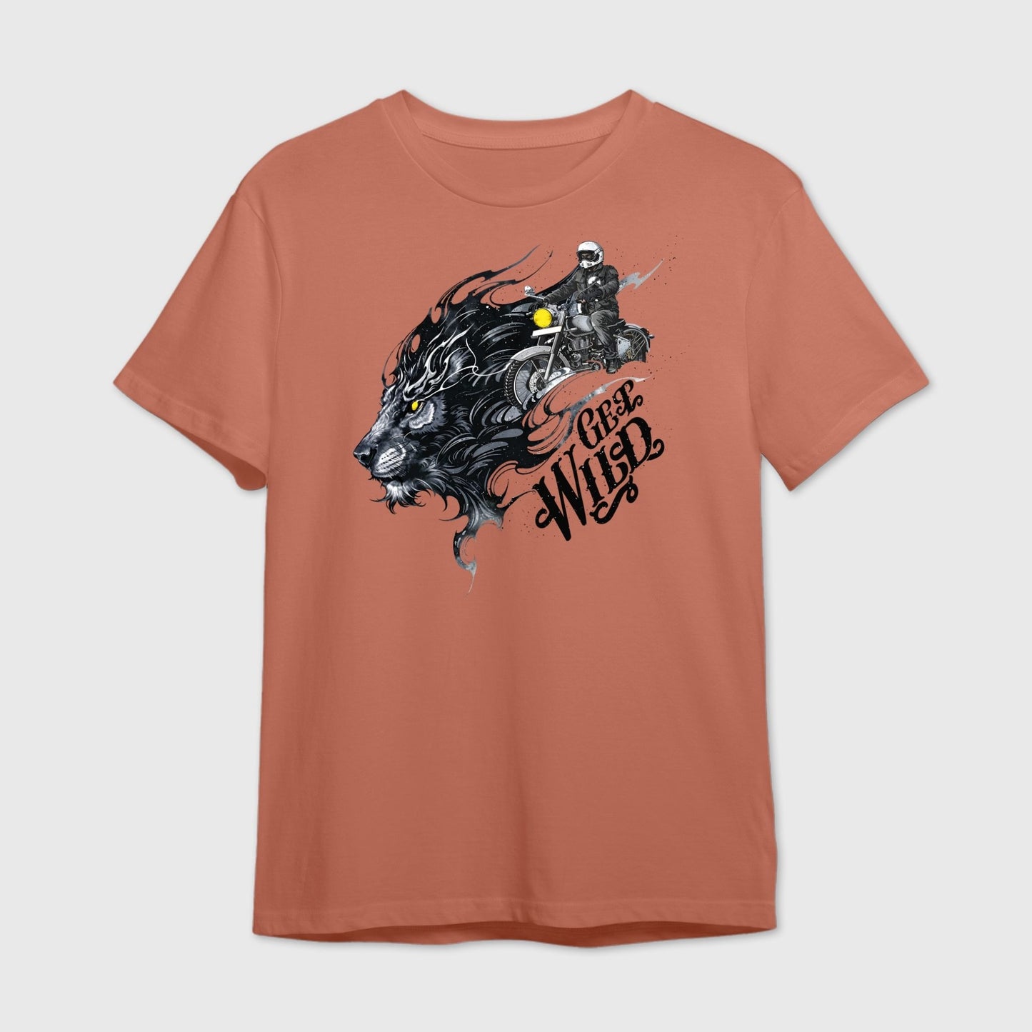 Salmon pink t-shirt with a graphic of a lion and motorcyclist with 'Get Wild' text