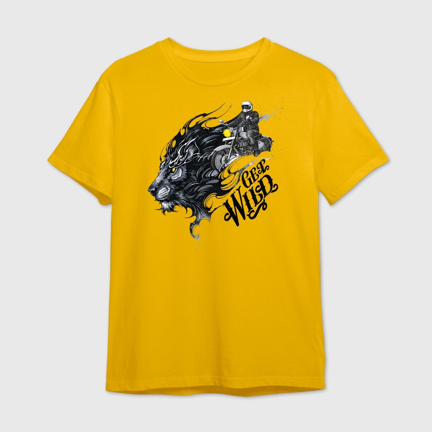  Yellow t-shirt with a graphic of a lion and motorcyclist with 'Get Wild' text
