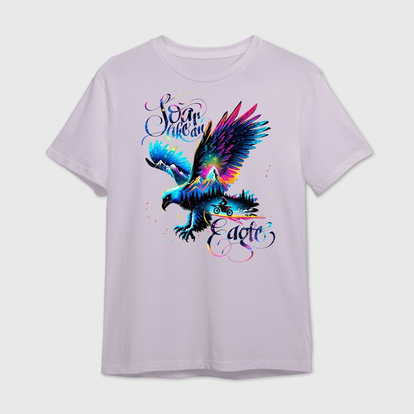 Lavender t-shirt with a colorful eagle superimposed with motorbiking mountain trail design