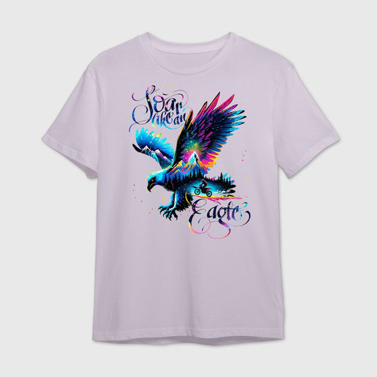 Lavender t-shirt with a colorful eagle superimposed with motorbiking mountain trail design