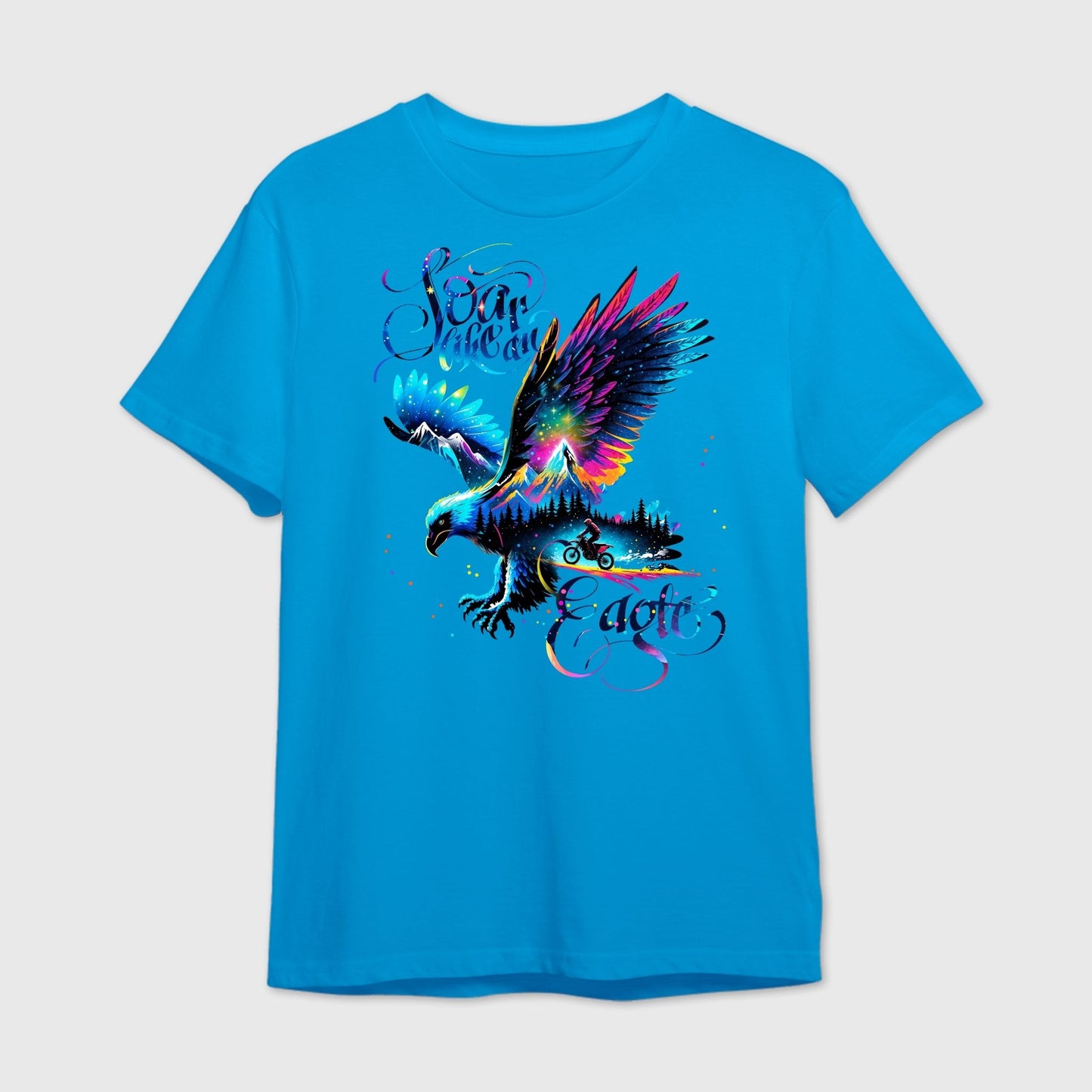 Blue t-shirt with a colorful eagle superimposed with motorbiking mountain trail design