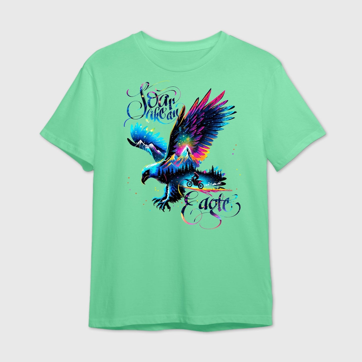 Mint Green t-shirt with a colorful eagle superimposed with motorbiking mountain trail design