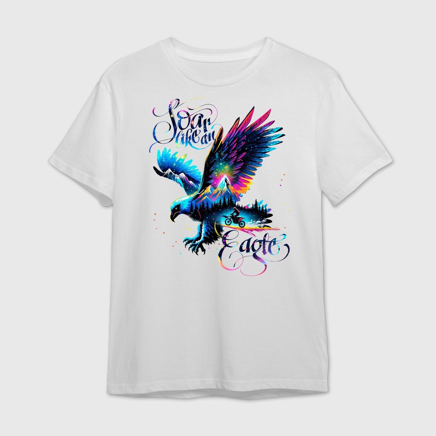 White t-shirt with a colorful eagle superimposed with motorbiking mountain trail design