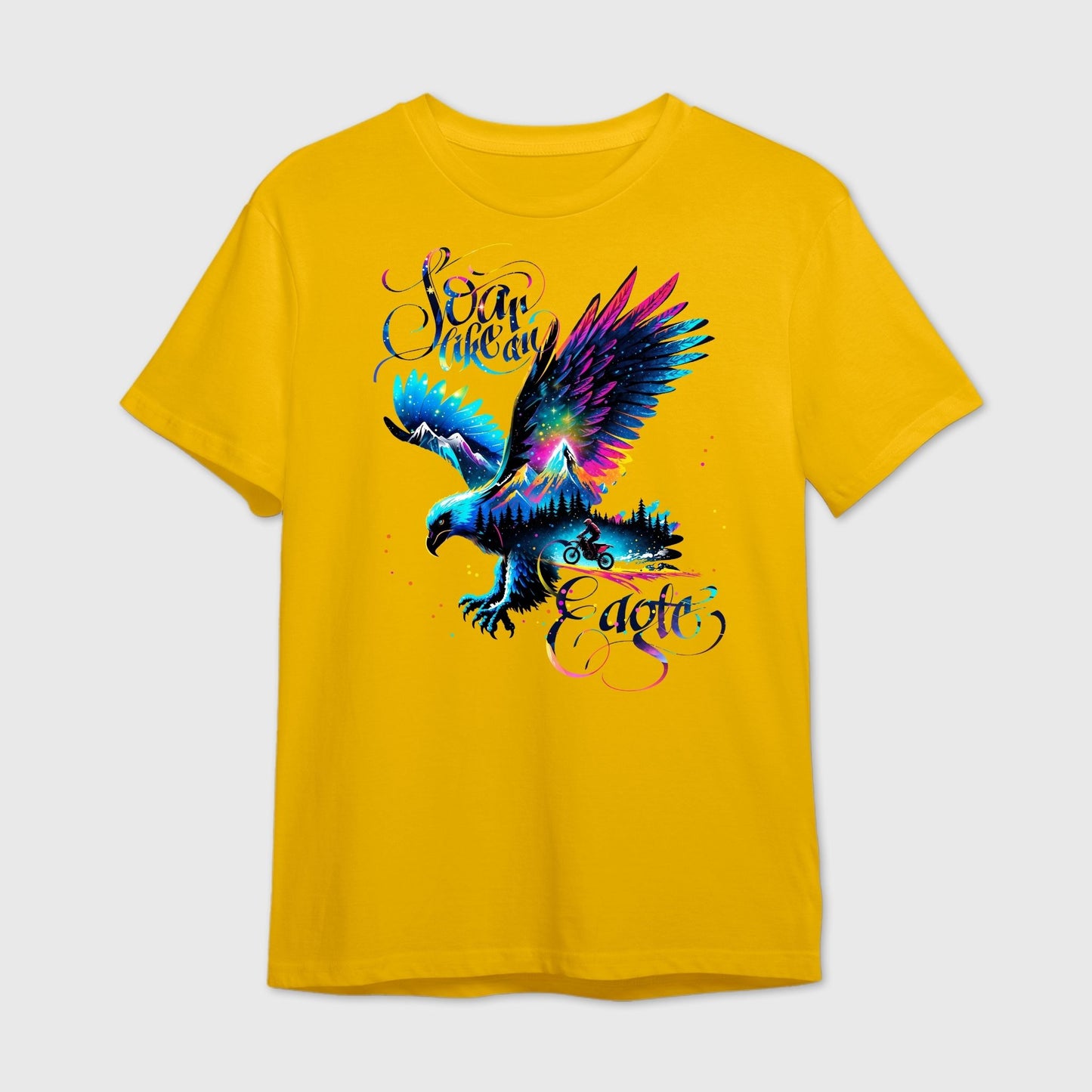 Yellow t-shirt with a colorful eagle superimposed with motorbiking mountain trail design