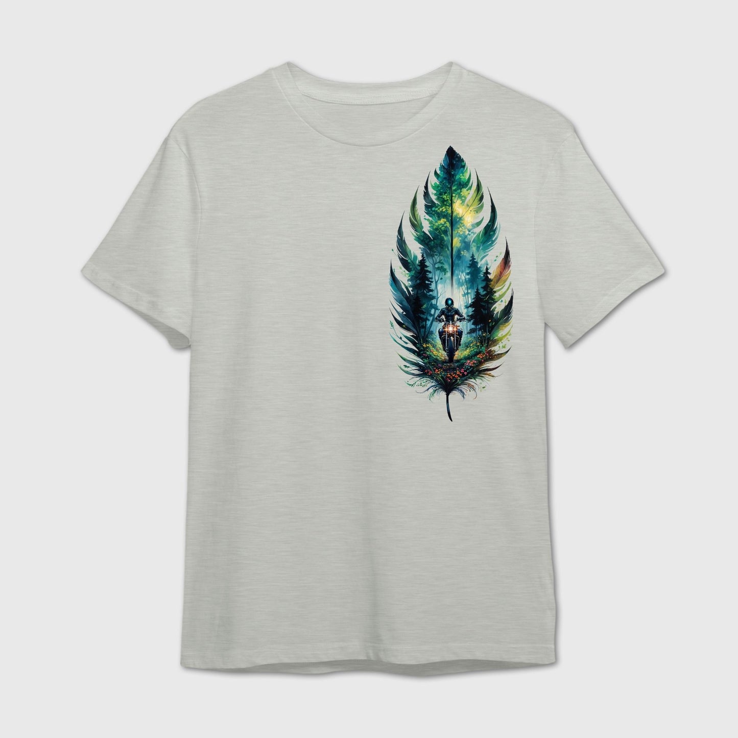 Grey t-shirt with graphic design of a rider in the forest encapsulated within a colorful feather
