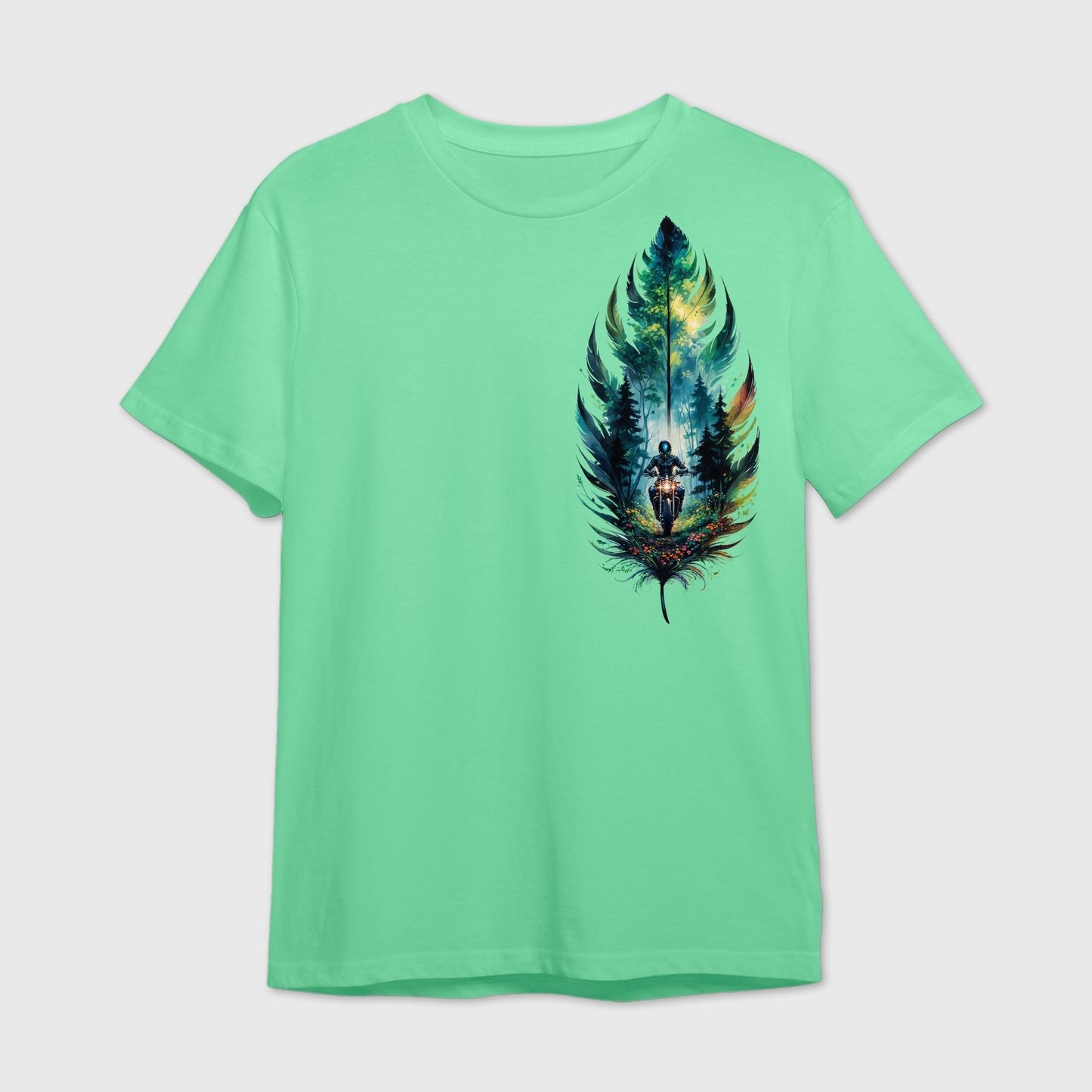 Mint green t-shirt with graphic design of a rider in the forest encapsulated within a colorful feather