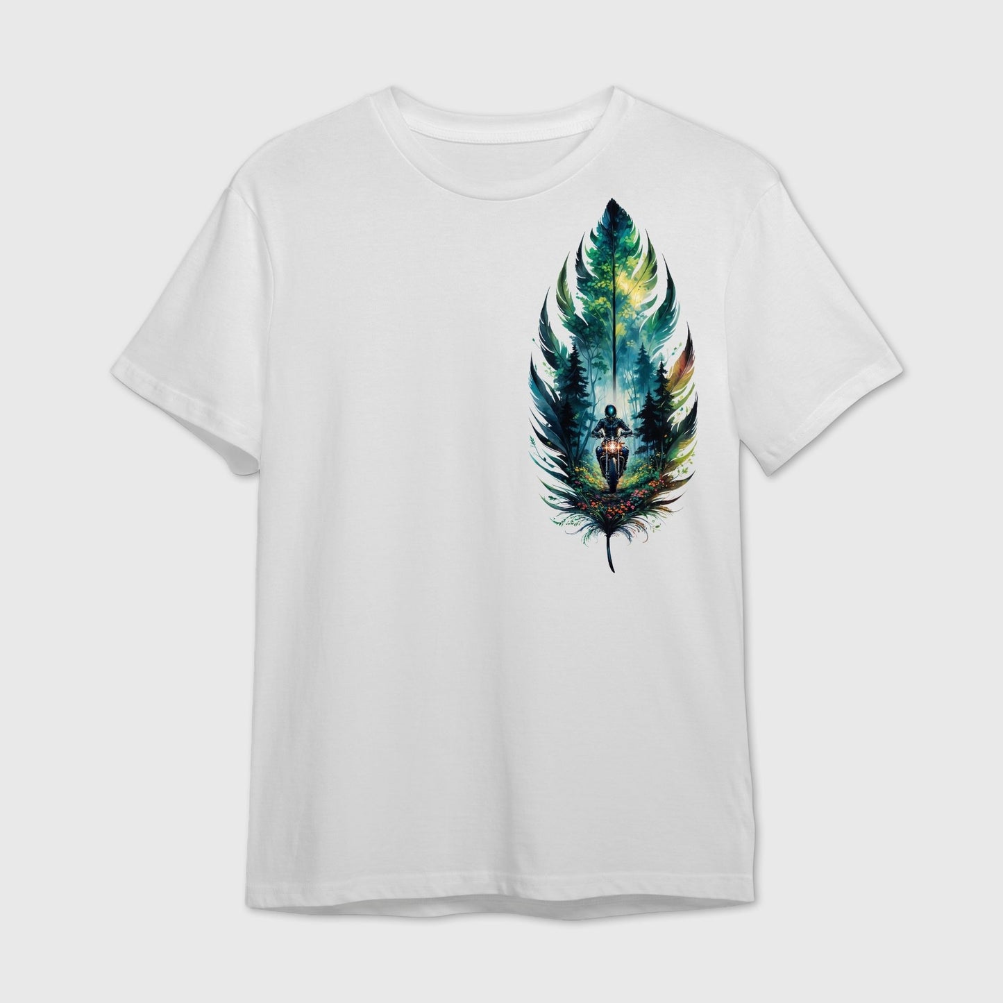 White t-shirt with graphic design of a rider in the forest encapsulated within a colorful feather