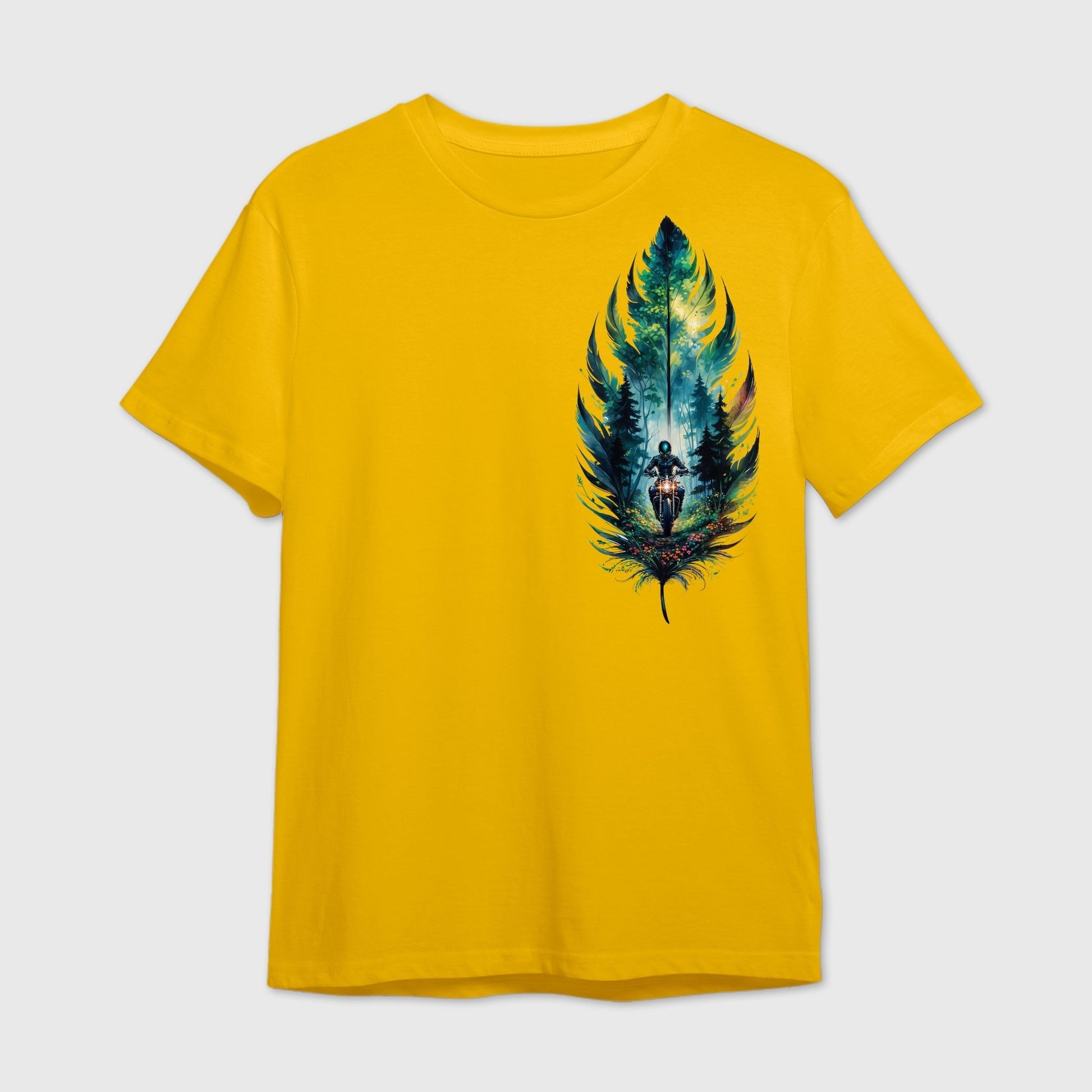 Yellow t-shirt with graphic design of a rider in the forest encapsulated within a colorful feather