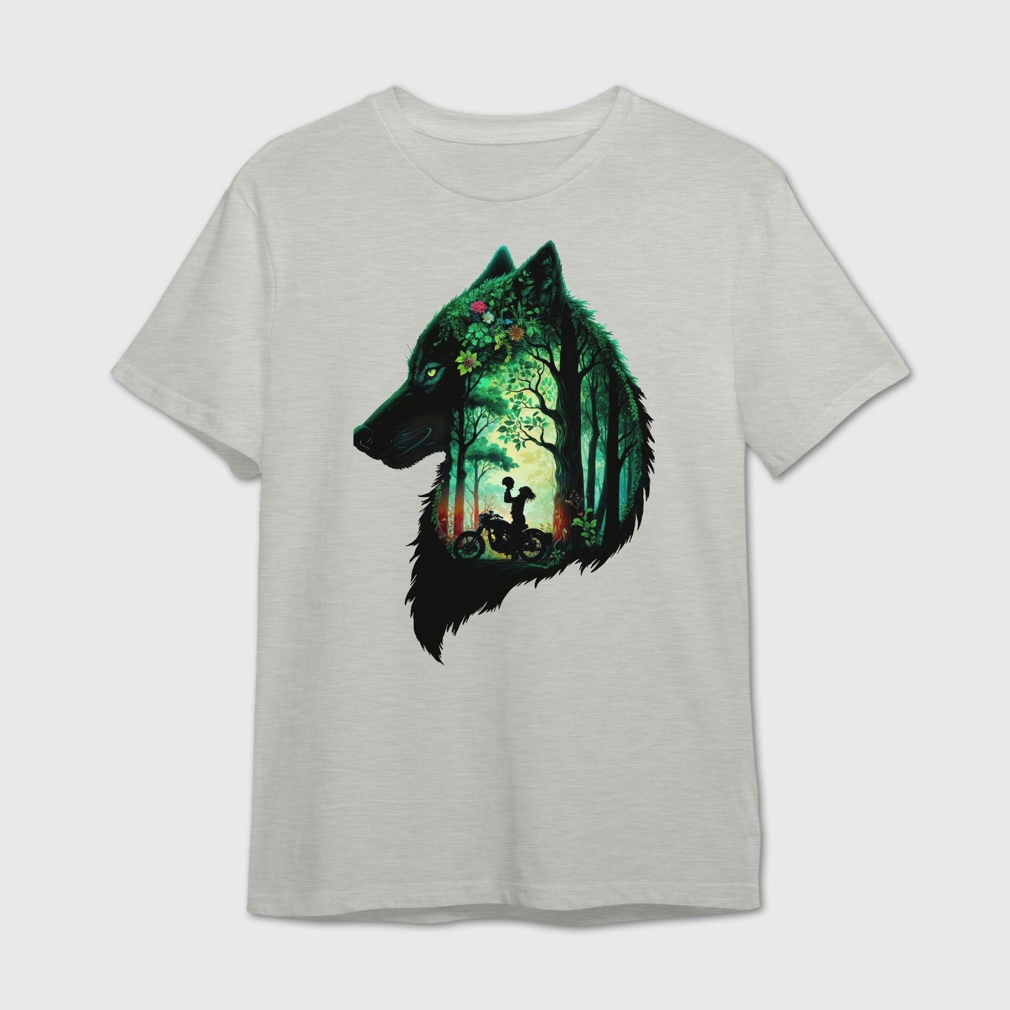 Grey t-shirt with a wolf design featuring a forest and a female rider