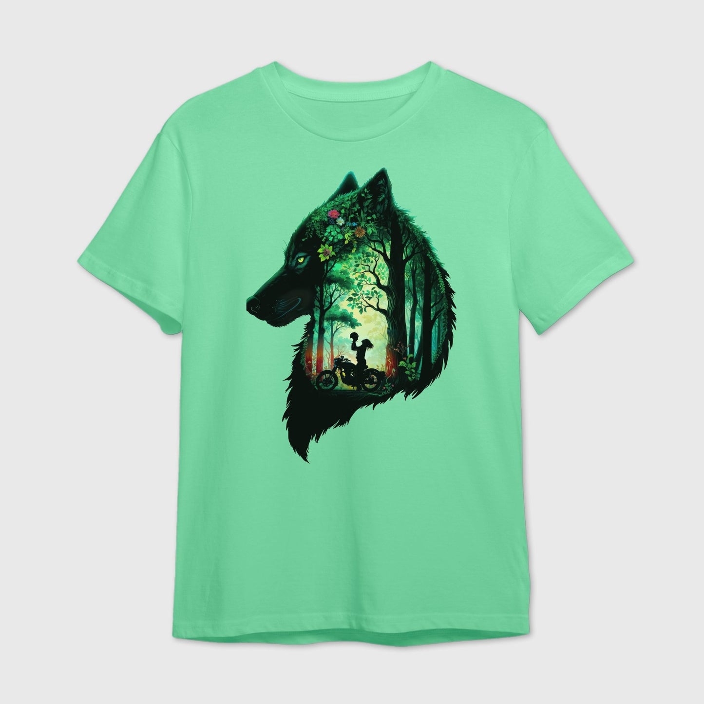 Mint green t-shirt with a wolf design featuring a forest and a female rider