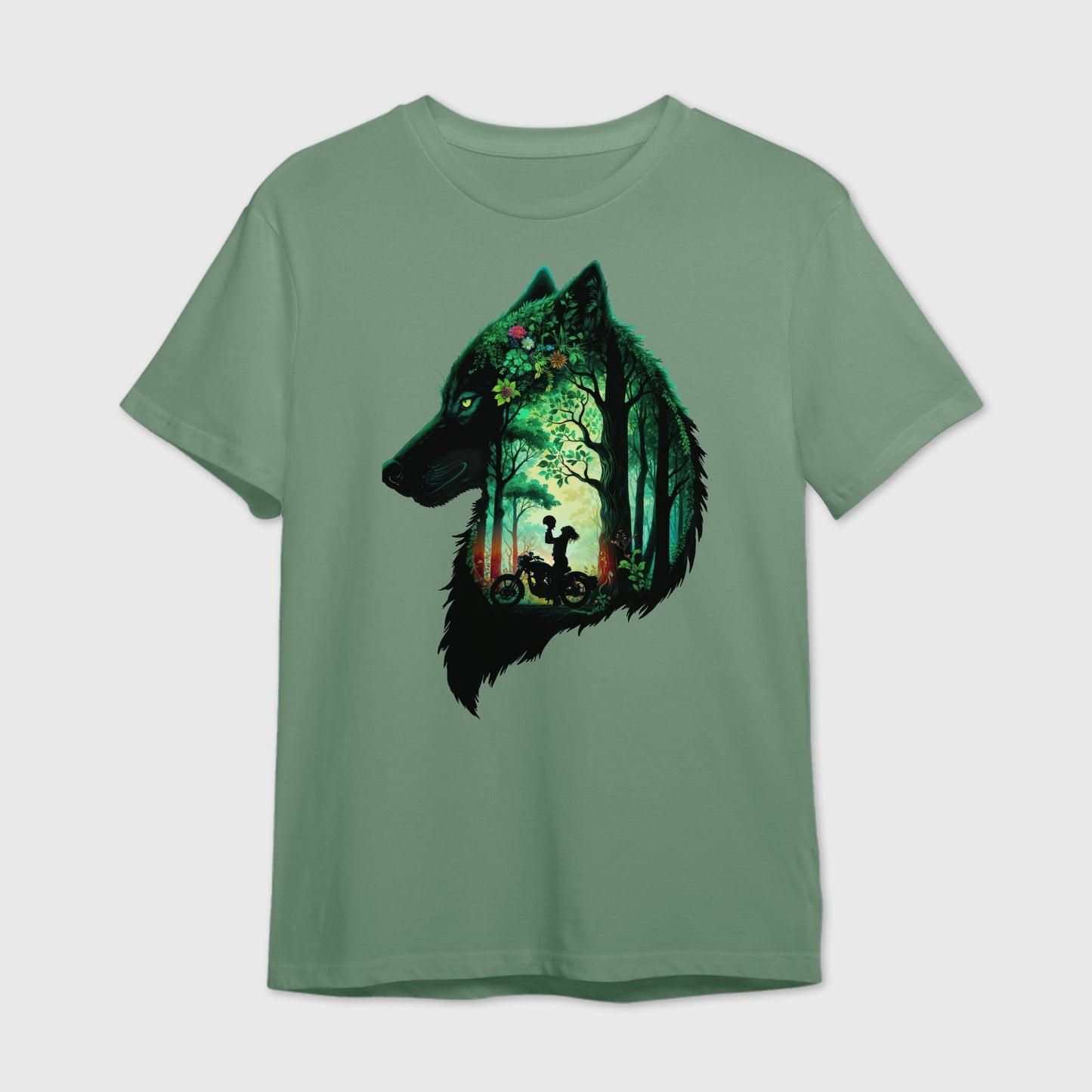 Sage green t-shirt with a wolf design featuring a forest and a female rider