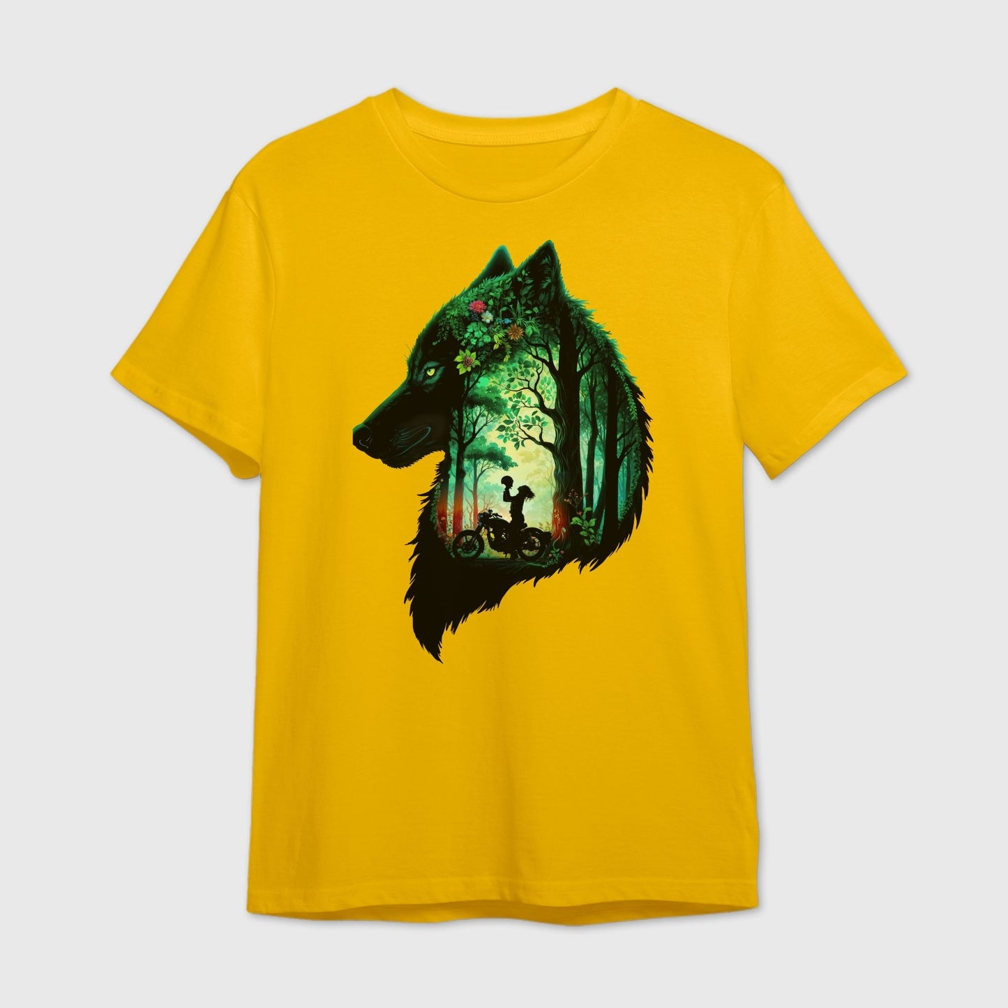 yellow t-shirt with a wolf design featuring a forest and a female rider