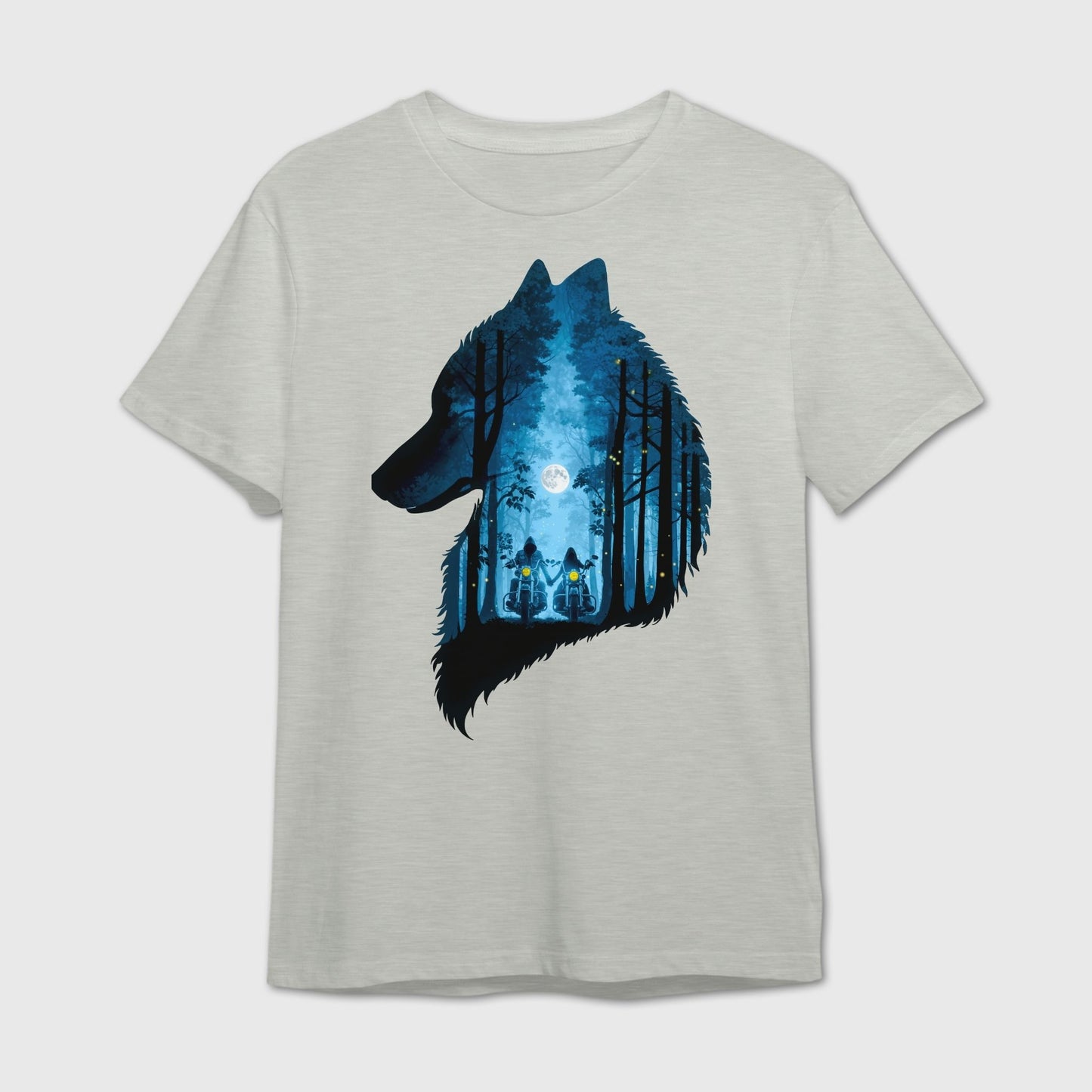 Grey t-shirt with a wolf design featuring a forest and a romantic rider couple