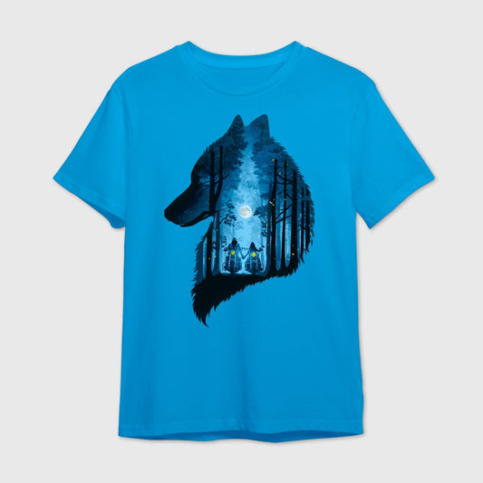 Blue t-shirt with a wolf design featuring a forest and a romantic rider couple