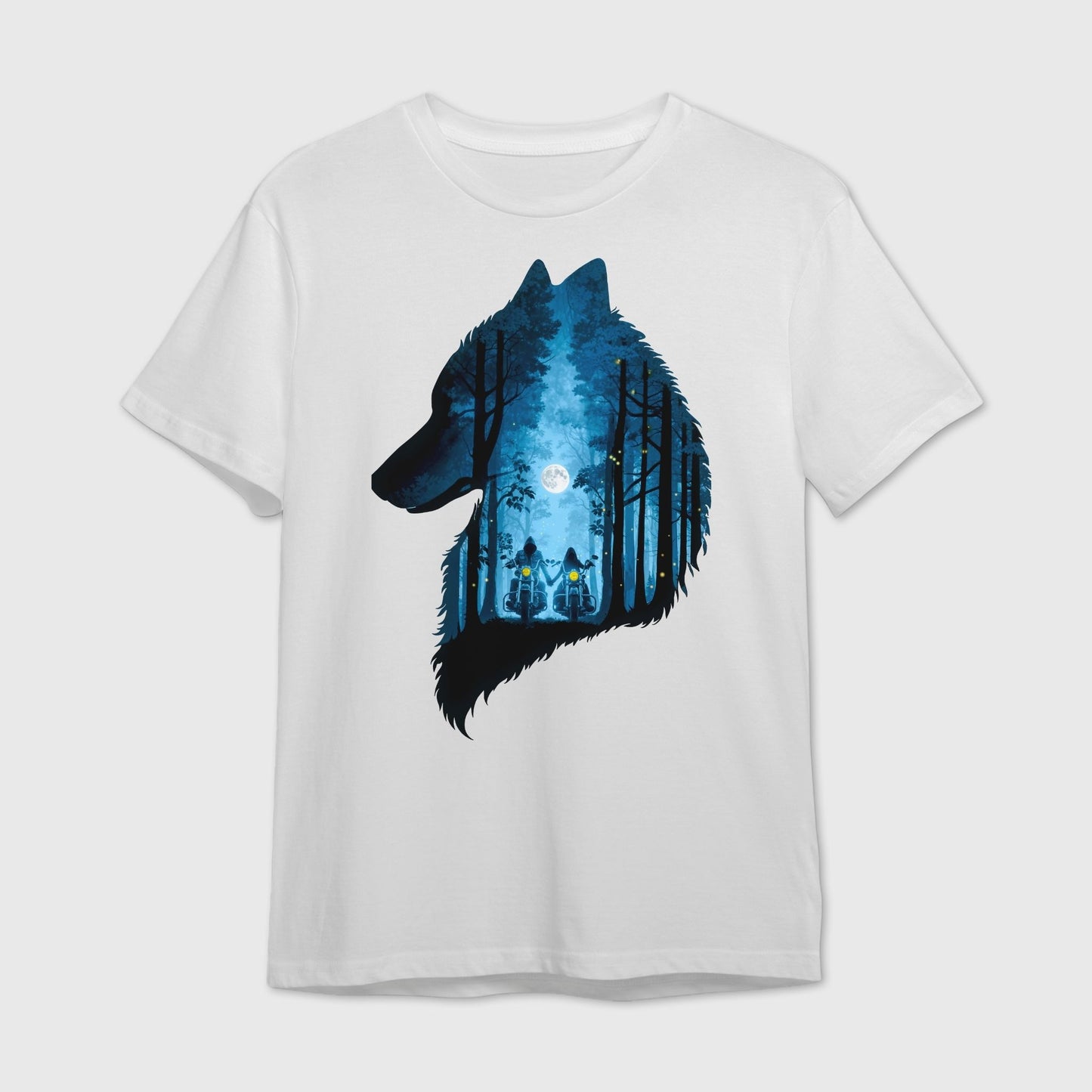 White t-shirt with a wolf design featuring a forest and a romantic rider couple