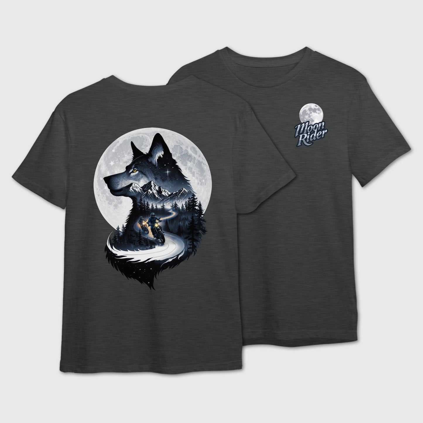 Dark Grey t-shirt with wolf silhouette art capturing two friends on a moonlit mountain ride on the back and Moon Rider logo on the front