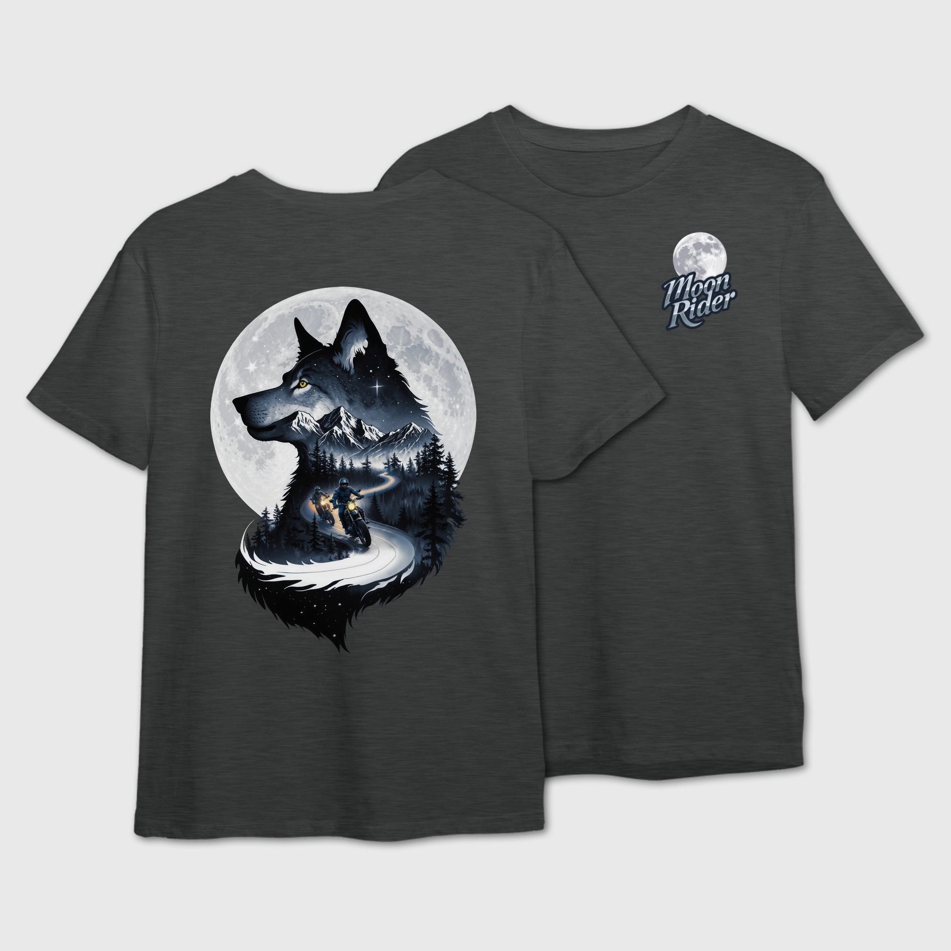 Dark Grey t-shirt with wolf silhouette art capturing two friends on a moonlit mountain ride on the back and Moon Rider logo on the front