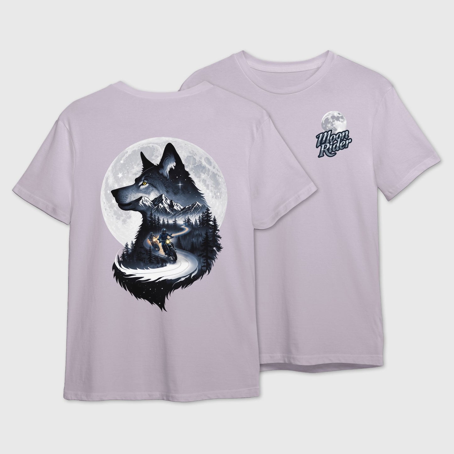 Lavender t-shirt with wolf silhouette art capturing two friends on a moonlit mountain ride on the back and Moon Rider logo on the front