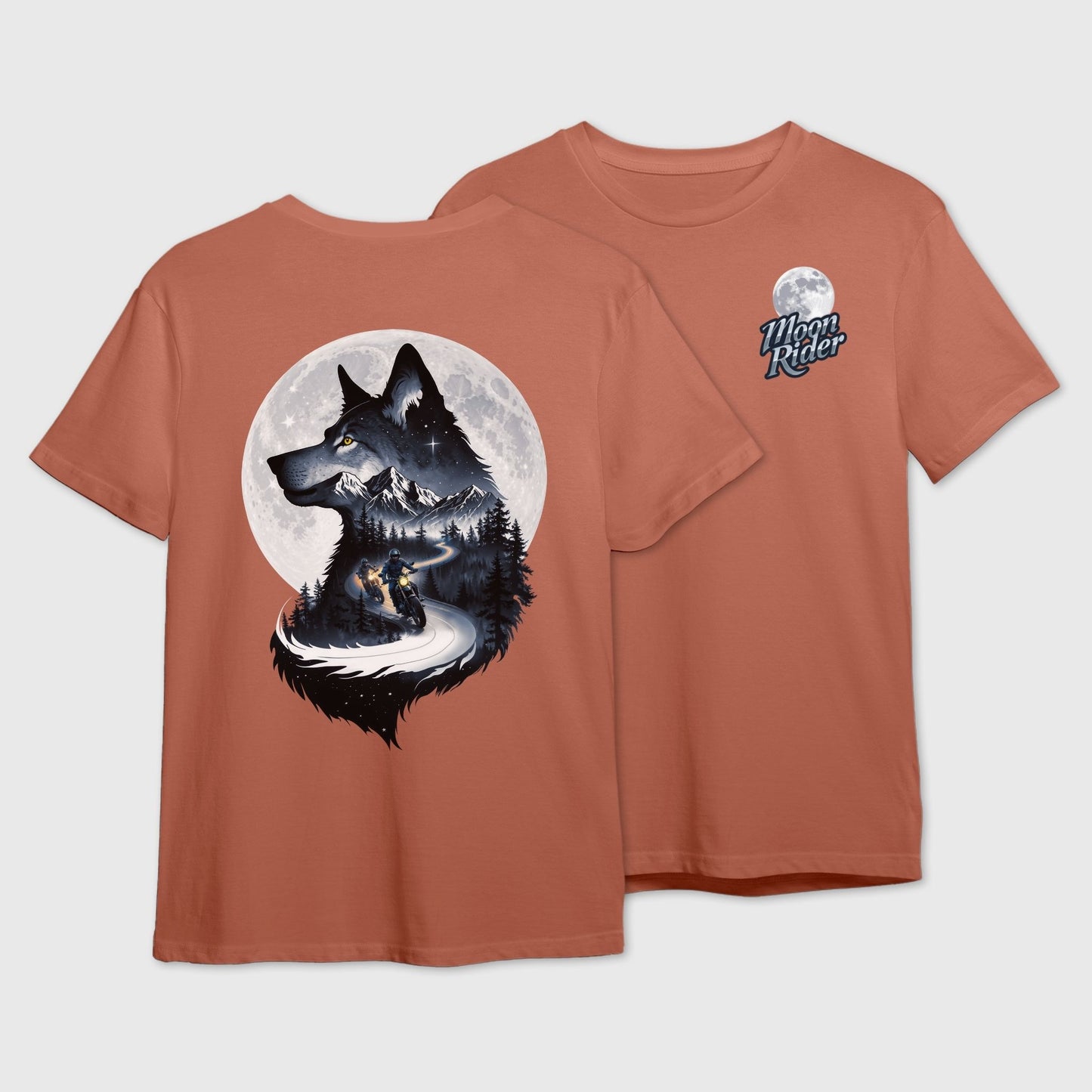 Salmon Pink t-shirt with wolf silhouette art capturing two friends on a moonlit mountain ride on the back and Moon Rider logo on the front