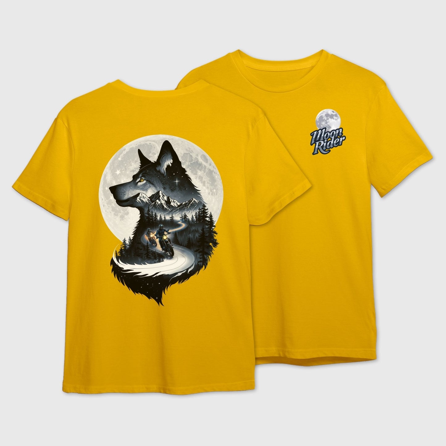 Yellow t-shirt with wolf silhouette art capturing two friends on a moonlit mountain ride on the back and Moon Rider logo on the front