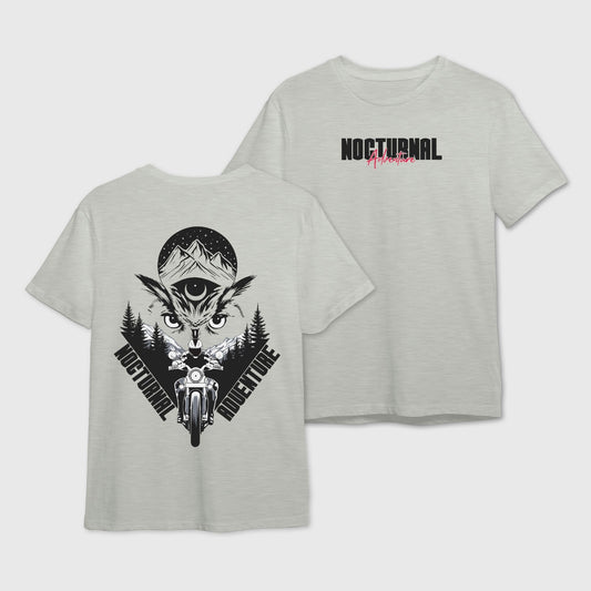grey t-shirt with black graphic design of an Owl and a motorcyclist with 'Nocturnal Adventure' text