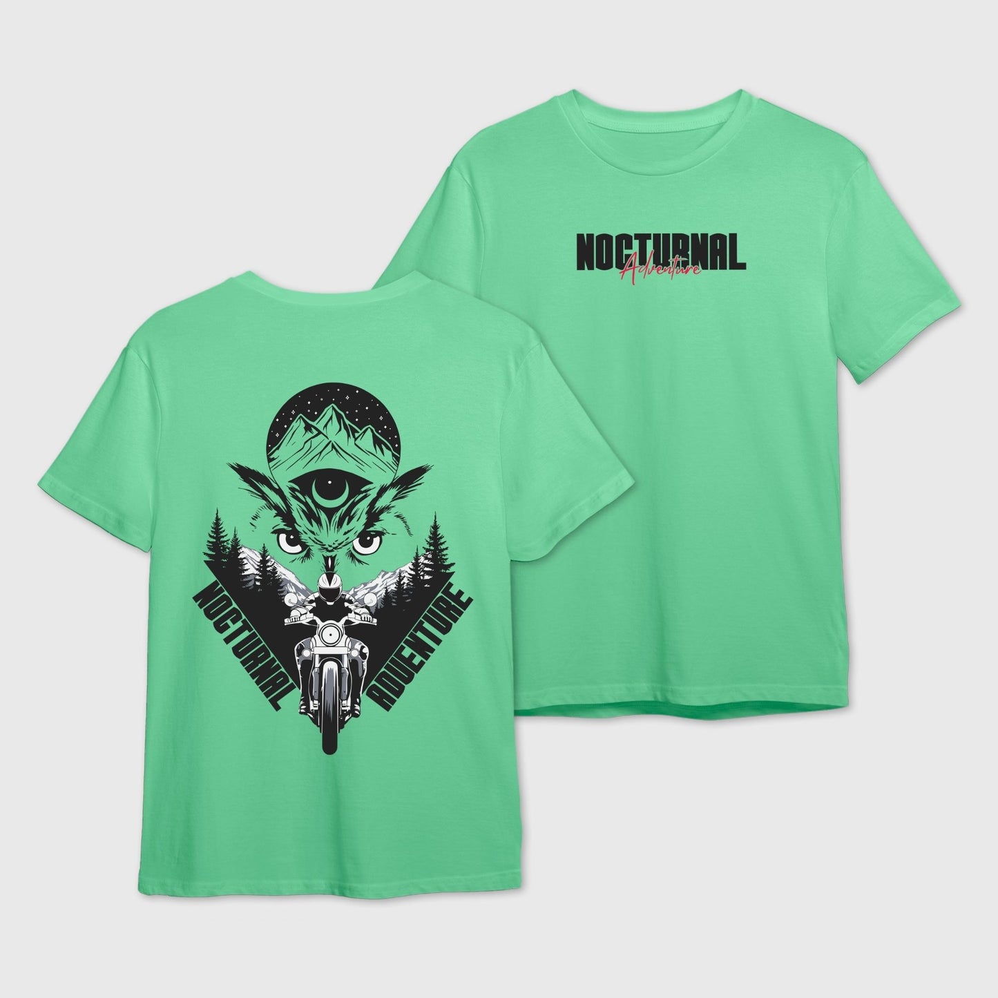 Mint green t-shirt with black graphic design of an Owl and a motorcyclist with 'Nocturnal Adventure' text