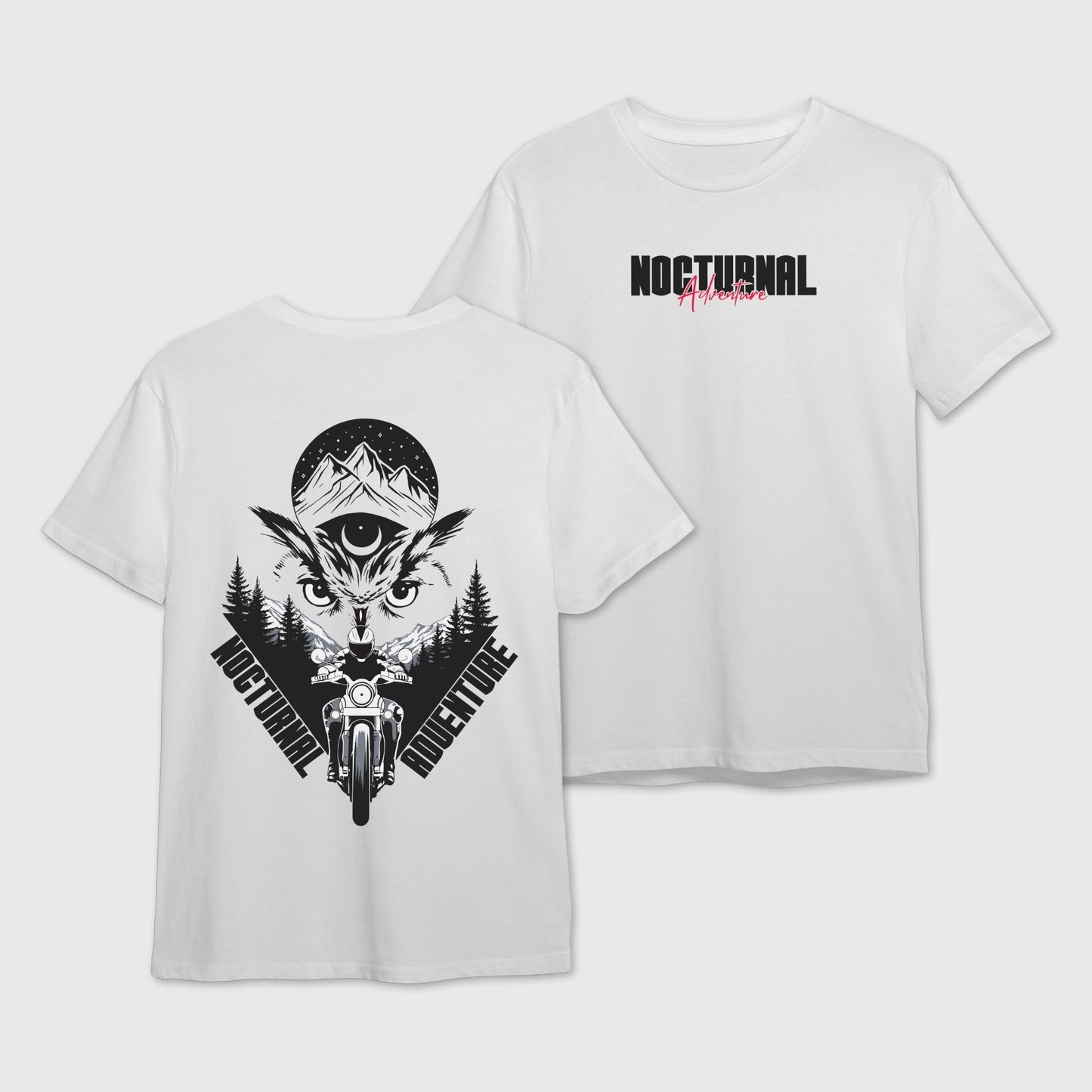White t-shirt with black graphic design of an Owl and a motorcyclist with 'Nocturnal Adventure' text