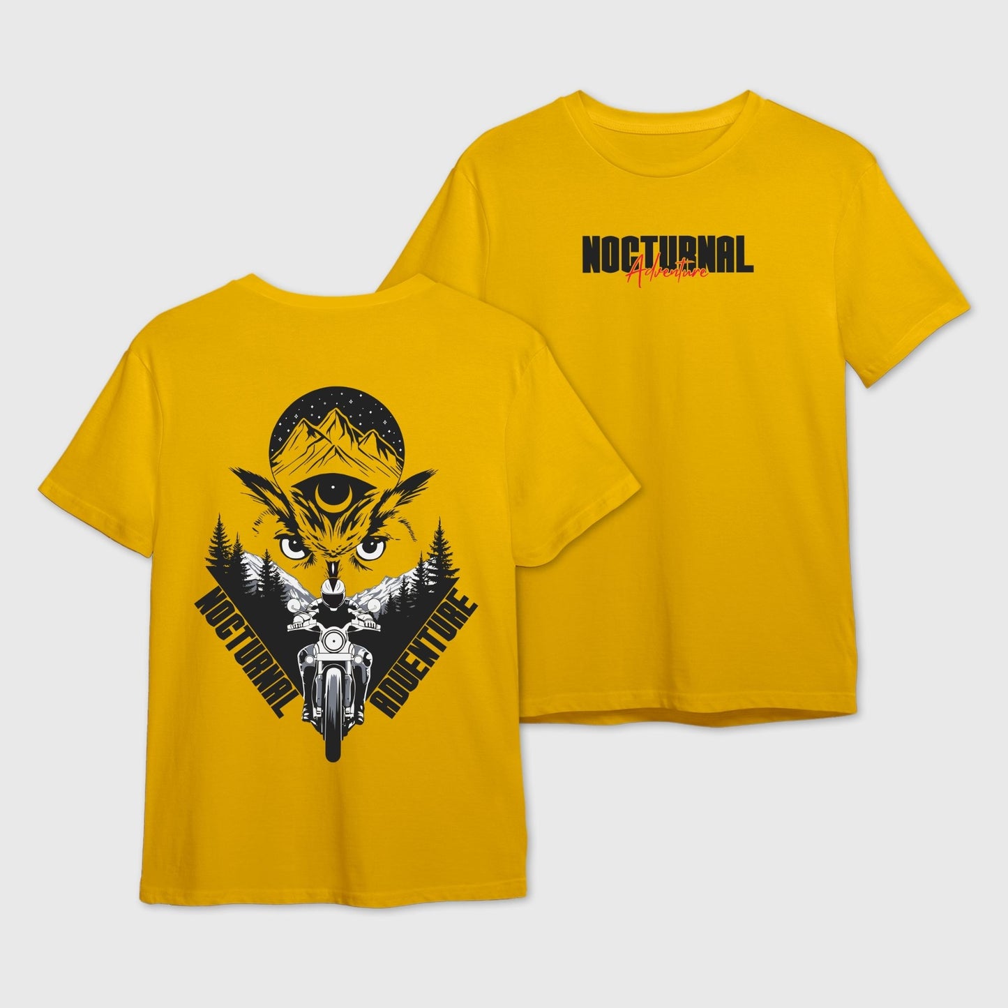 Yellow t-shirt with black graphic design of an Owl and a motorcyclist with 'Nocturnal Adventure' text