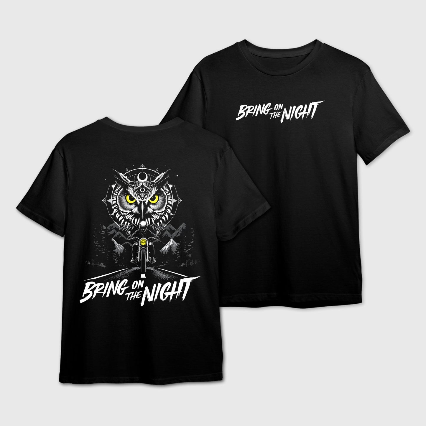 Black t-shirt featuring an owl and a motorcyclist graphic with 'Bring on the Night' text