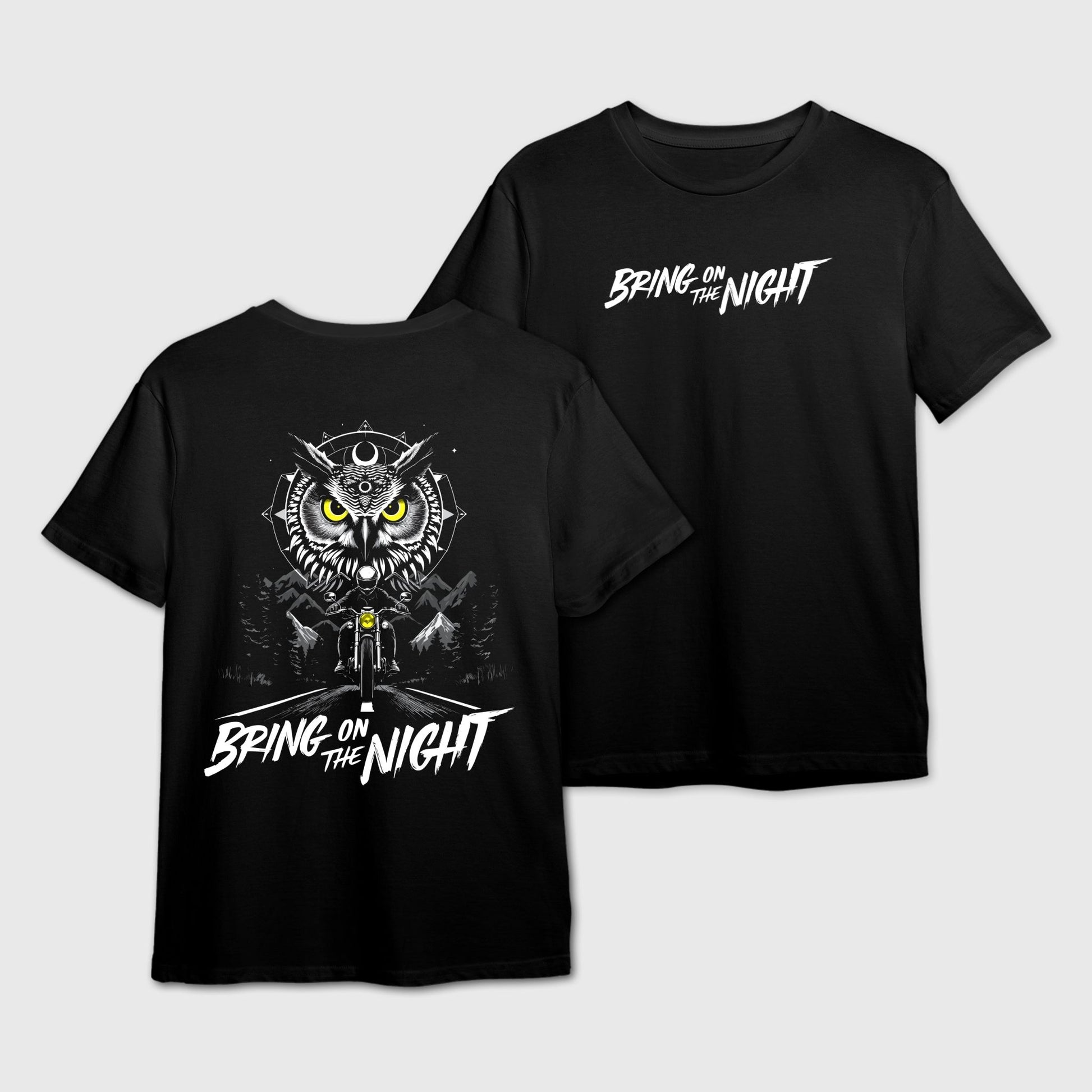Black t-shirt featuring an owl and a motorcyclist graphic with 'Bring on the Night' text