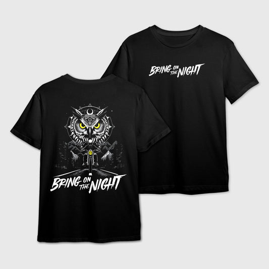 Black t-shirt featuring an owl and a motorcyclist graphic with 'Bring on the Night' text