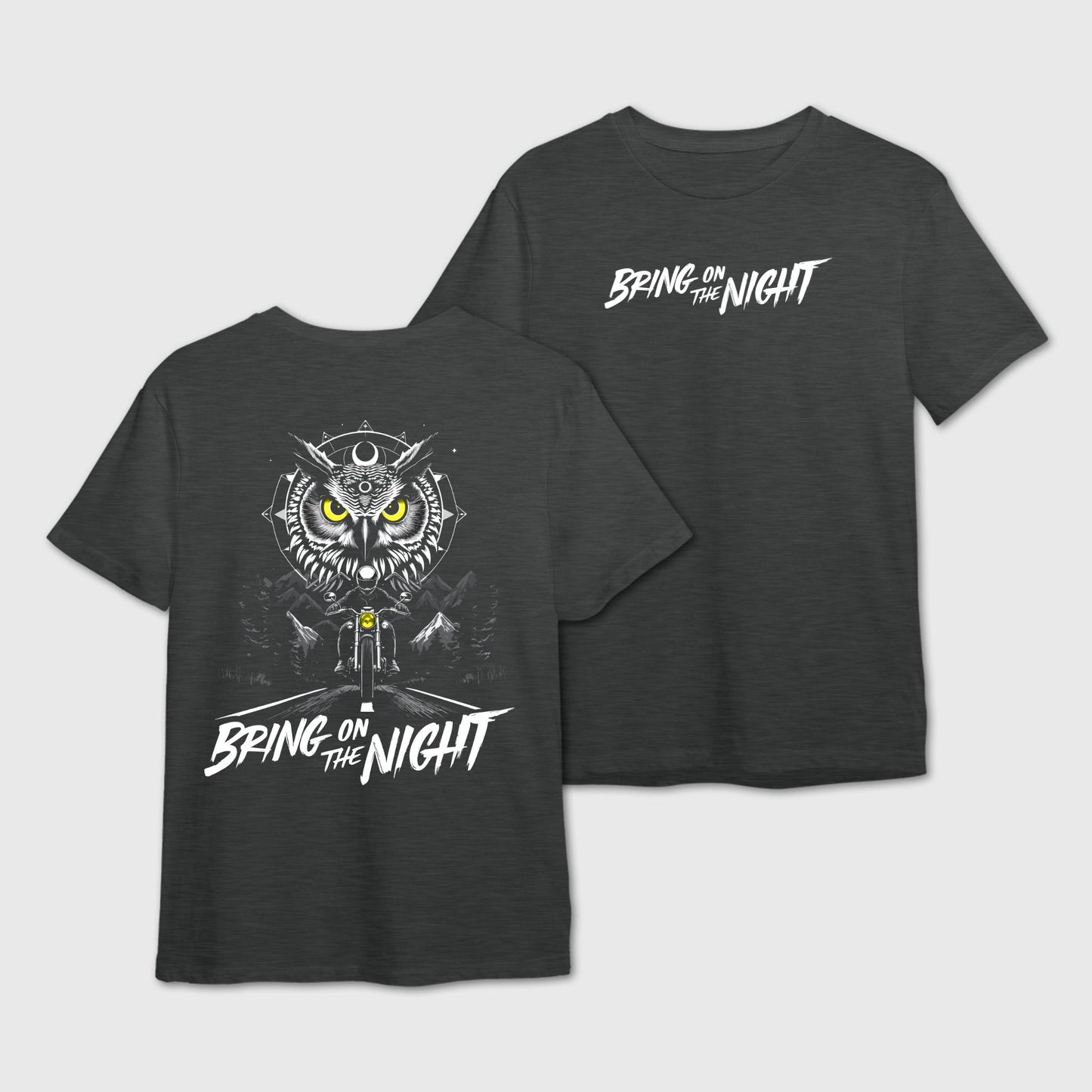 Dark grey t-shirt featuring an owl and a motorcyclist graphic with 'Bring on the Night' text