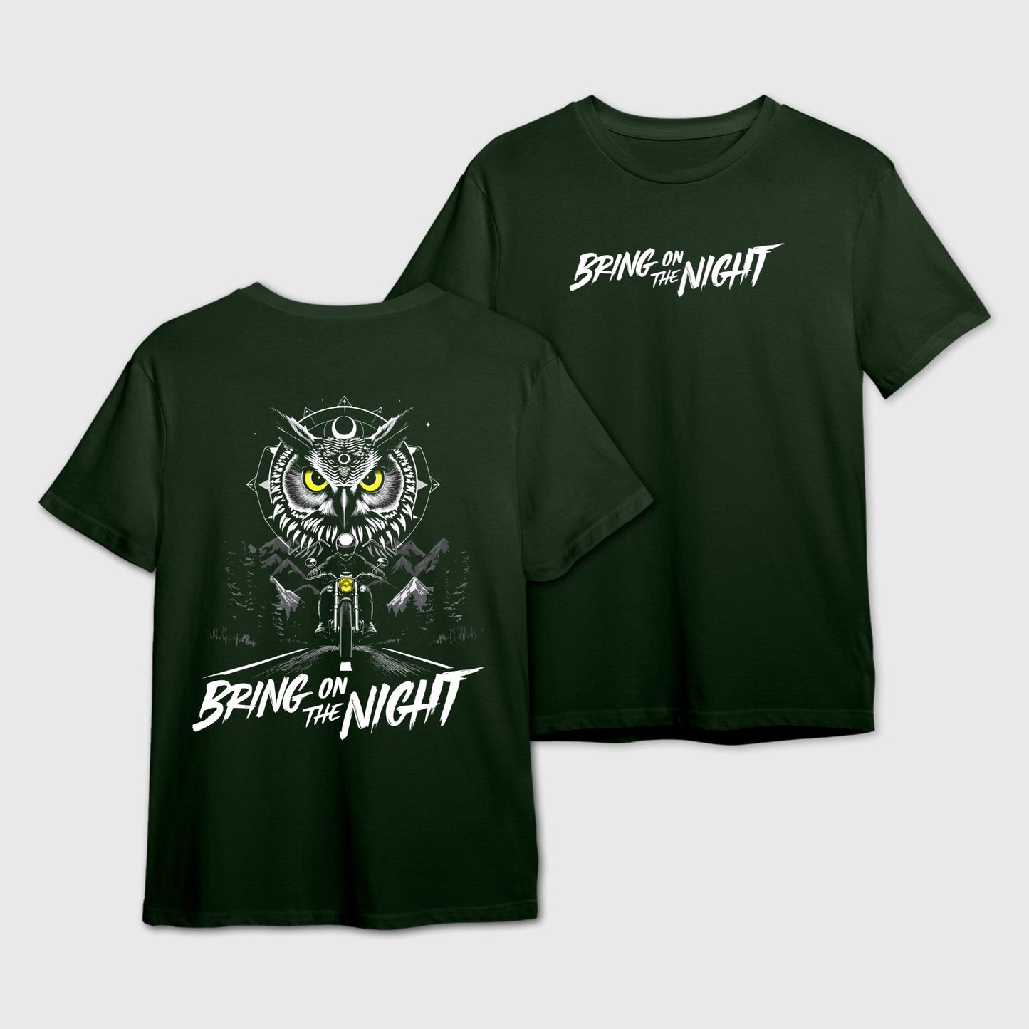 Green t-shirt featuring an owl and a motorcyclist graphic with 'Bring on the Night' text