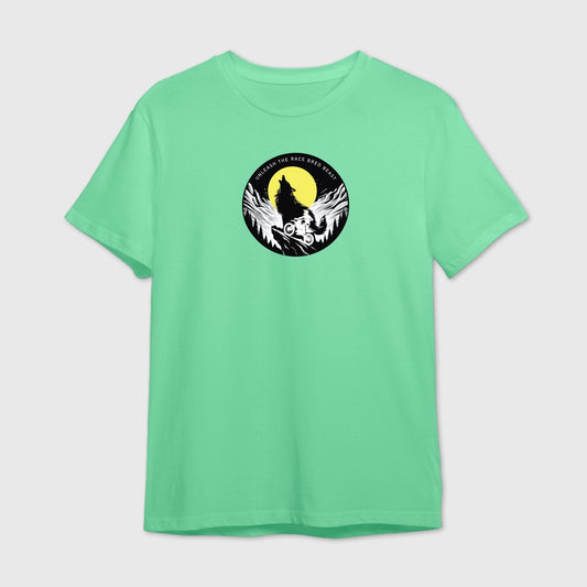 Mint green t-shirt featuring a Rider on mountain peaks with a howling wolf  graphic design