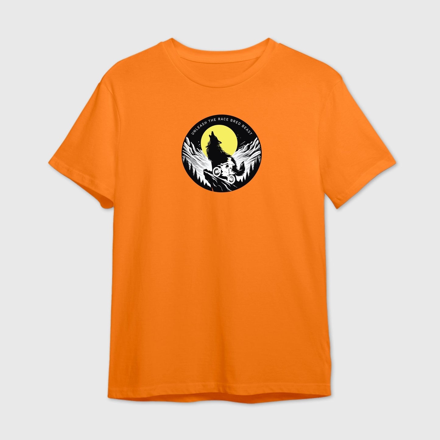 Orange t-shirt featuring a Rider on mountain peaks with a howling wolf  graphic design