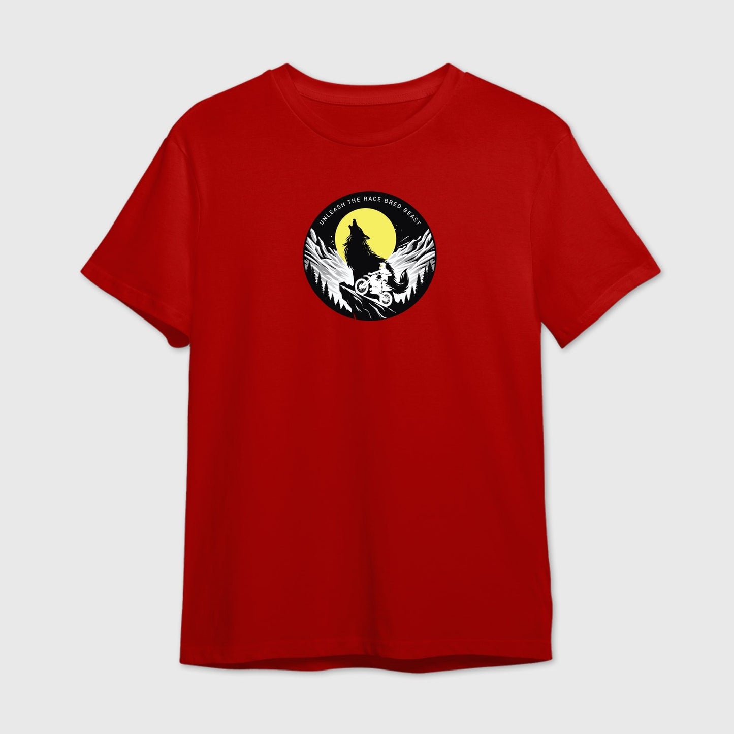 Red t-shirt featuring a Rider on mountain peaks with a howling wolf  graphic design