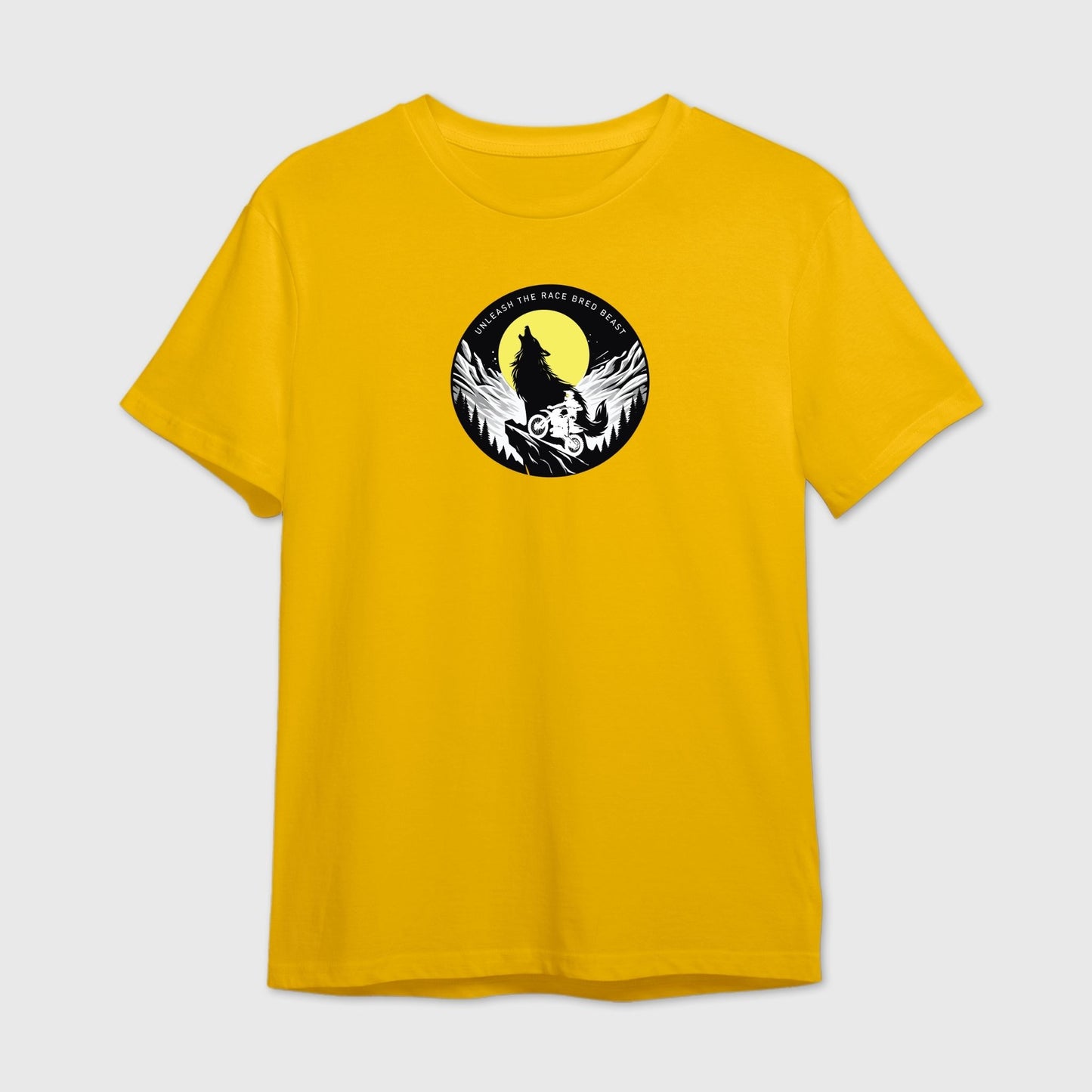 yellow t-shirt featuring a Rider on mountain peaks with a howling wolf  graphic design