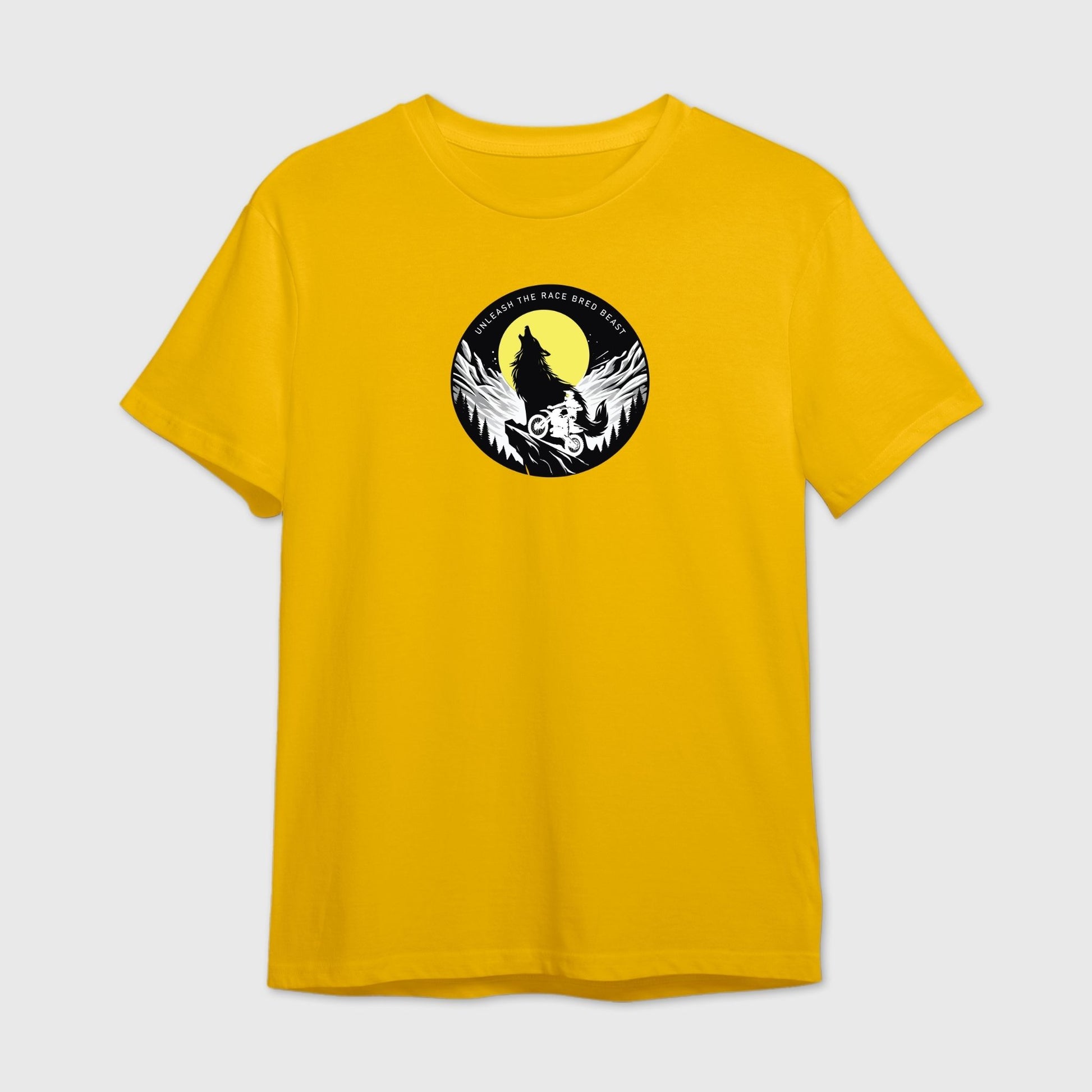 yellow t-shirt featuring a Rider on mountain peaks with a howling wolf  graphic design