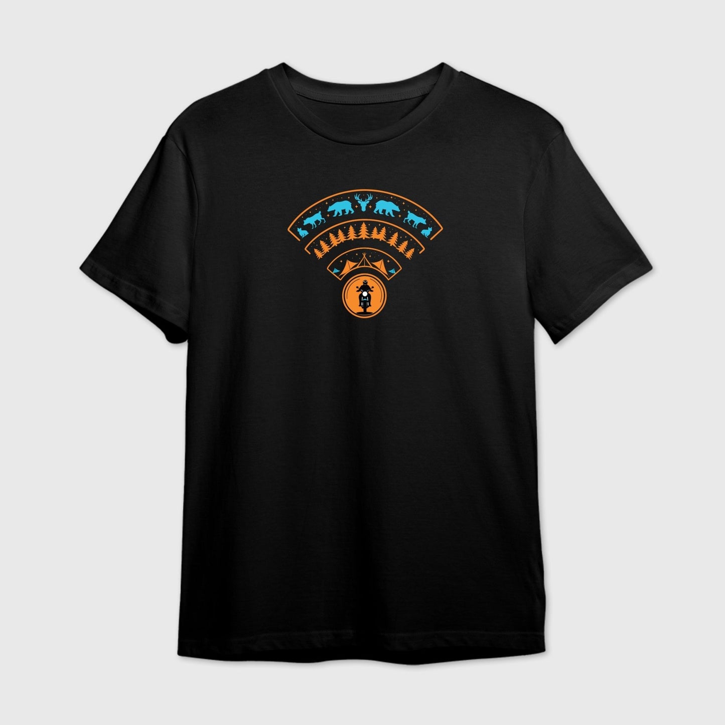 Black t-shirt with a colorful Wilderness WiFi Network Moto graphic design