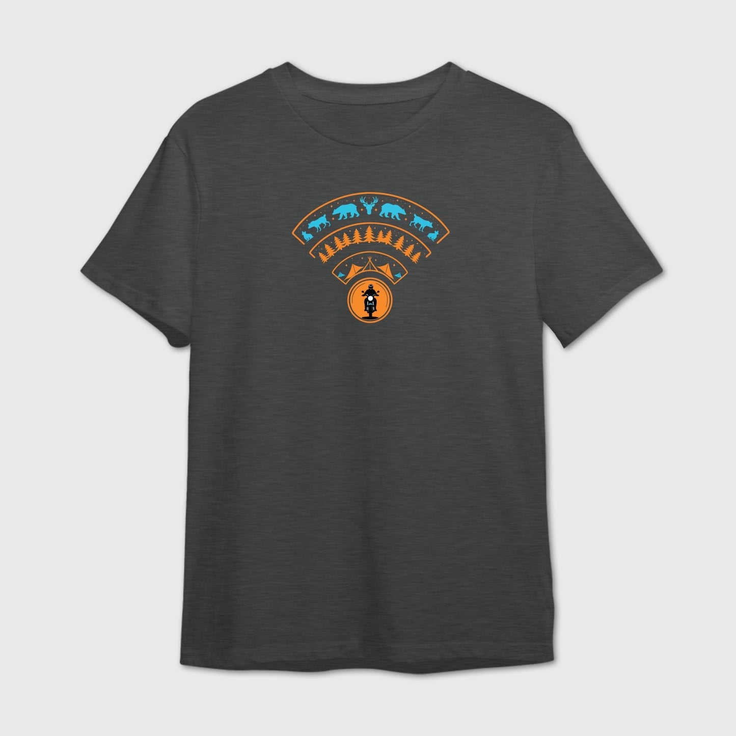 Dark Grey t-shirt with a colorful Wilderness WiFi Network Moto graphic design