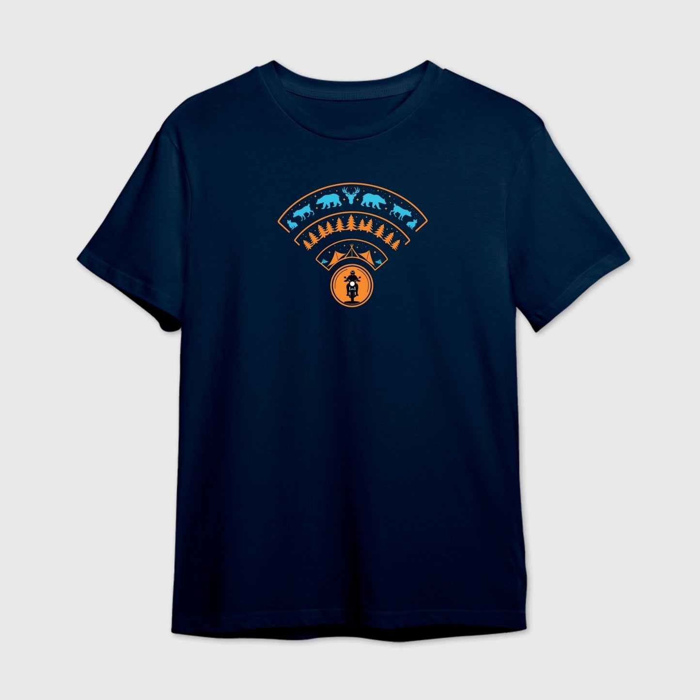 Navy Blue t-shirt with a colorful Wilderness WiFi Network Moto graphic design