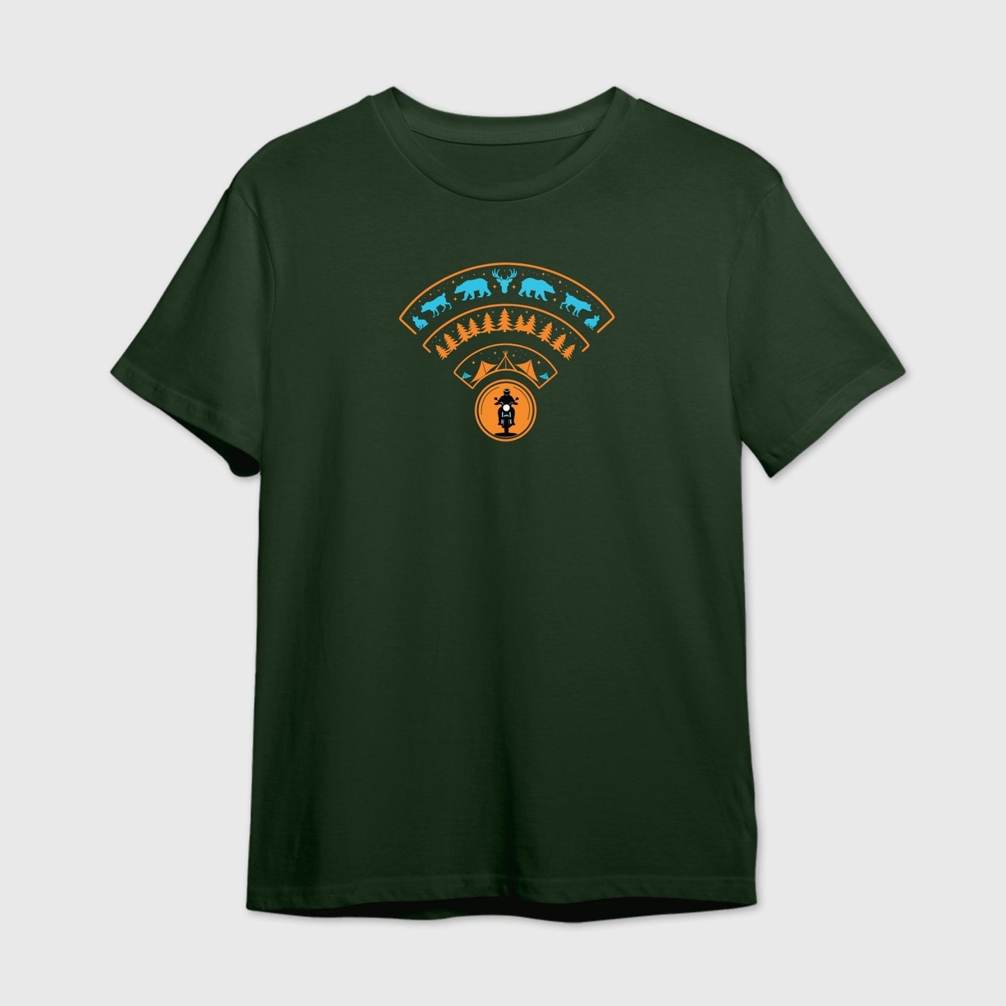 Dark Green t-shirt with a colorful Wilderness WiFi Network Moto graphic design