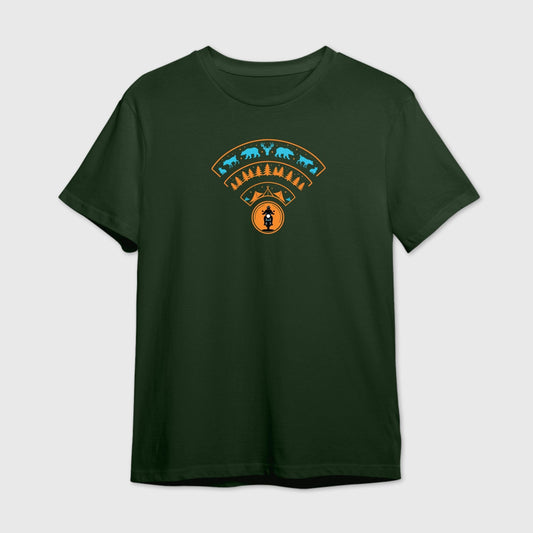 Dark Green t-shirt with a colorful Wilderness WiFi Network Moto graphic design