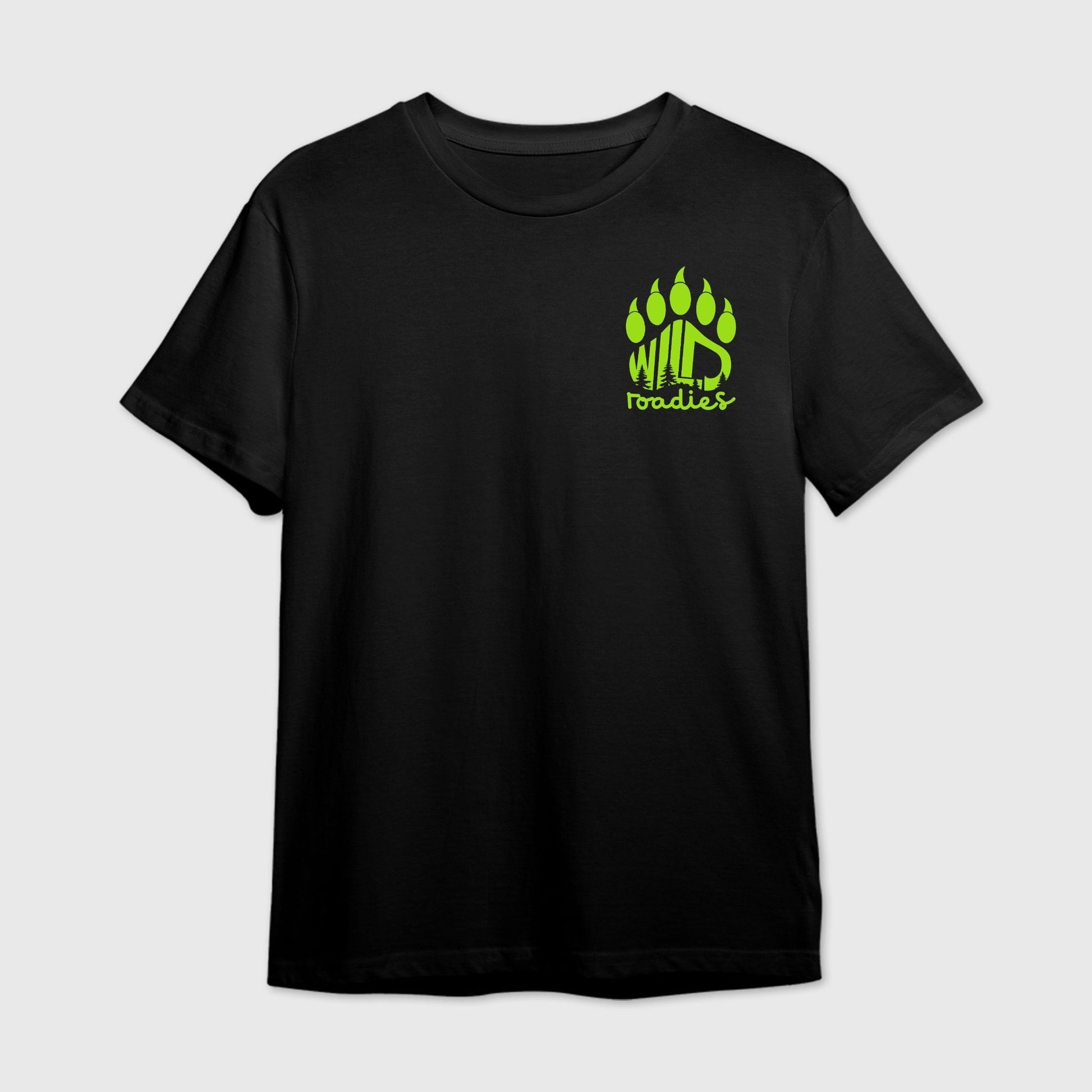 Black t-shirt with a green paw 'Wild Roadies' logo print