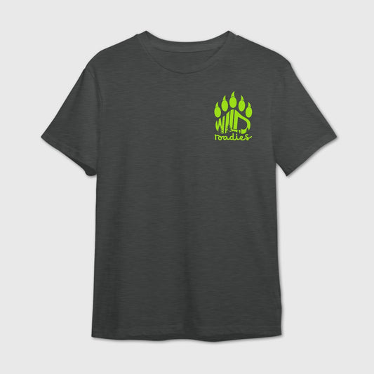 Dark Grey t-shirt with a green paw 'Wild Roadies' logo print