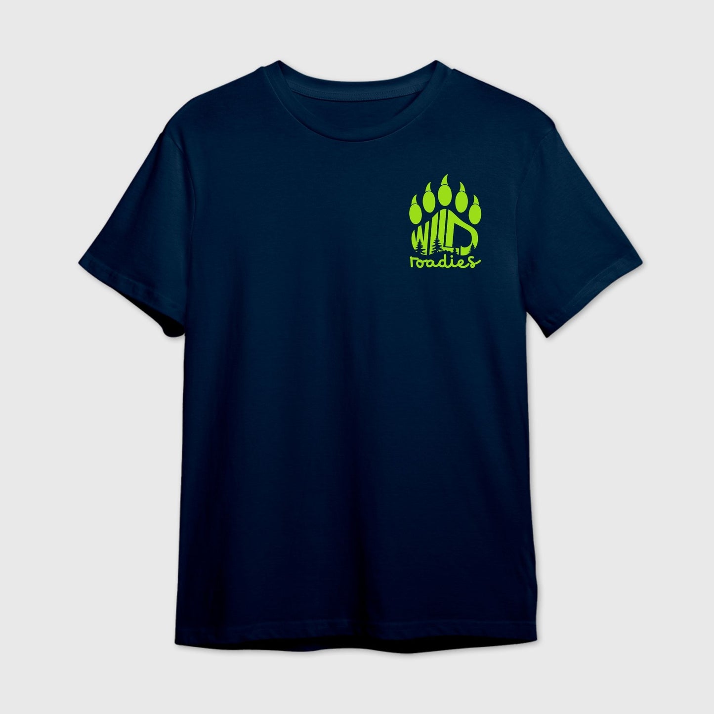 Navy Blue t-shirt with a green paw 'Wild Roadies' logo print