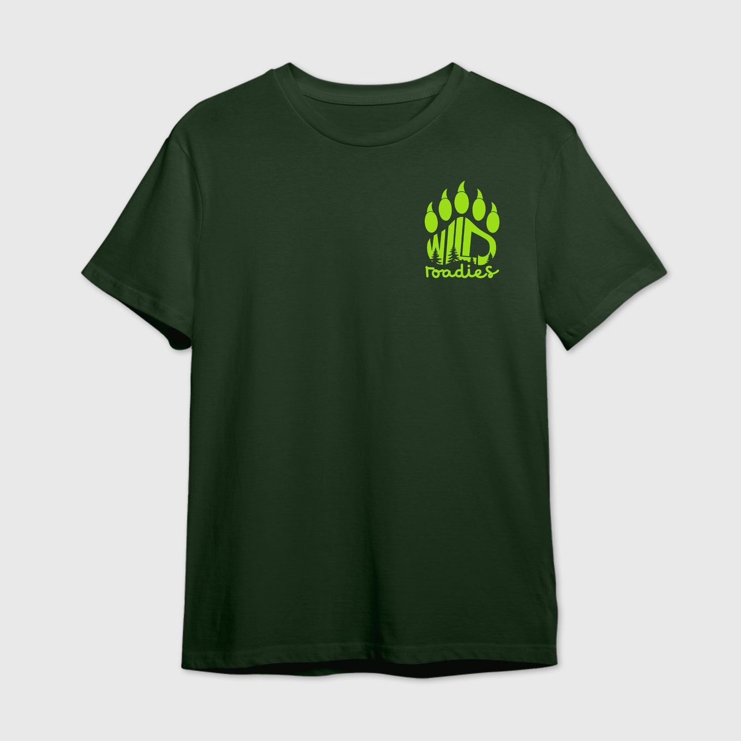 Dark Green t-shirt with a green paw 'Wild Roadies' logo print