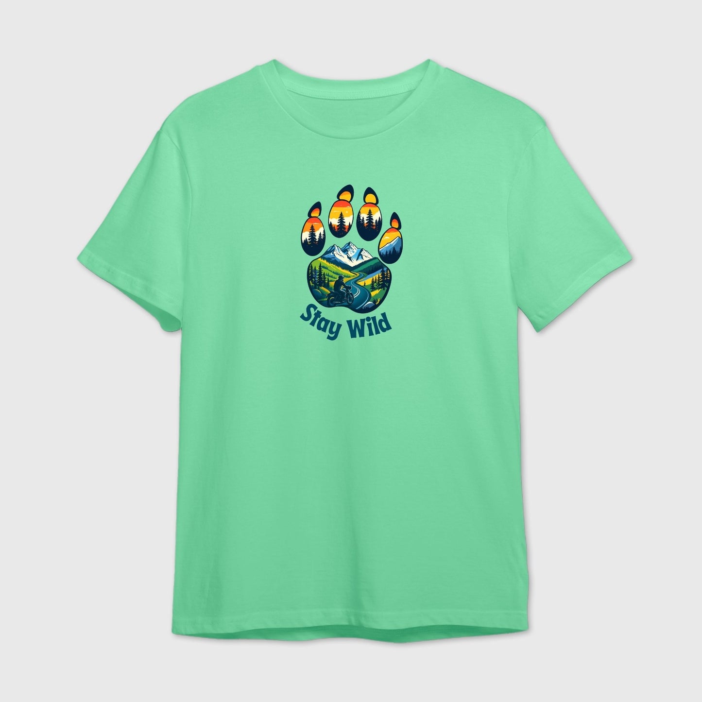 Mint green t-shirt with a colorful bear paw graphic and 'Stay Wild' text